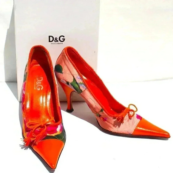 Dolce & Gabbana D&G Orange Flora Tropical Scarpa Womens High Heels Pumps Sz 6.5 - Picture 1 of 9